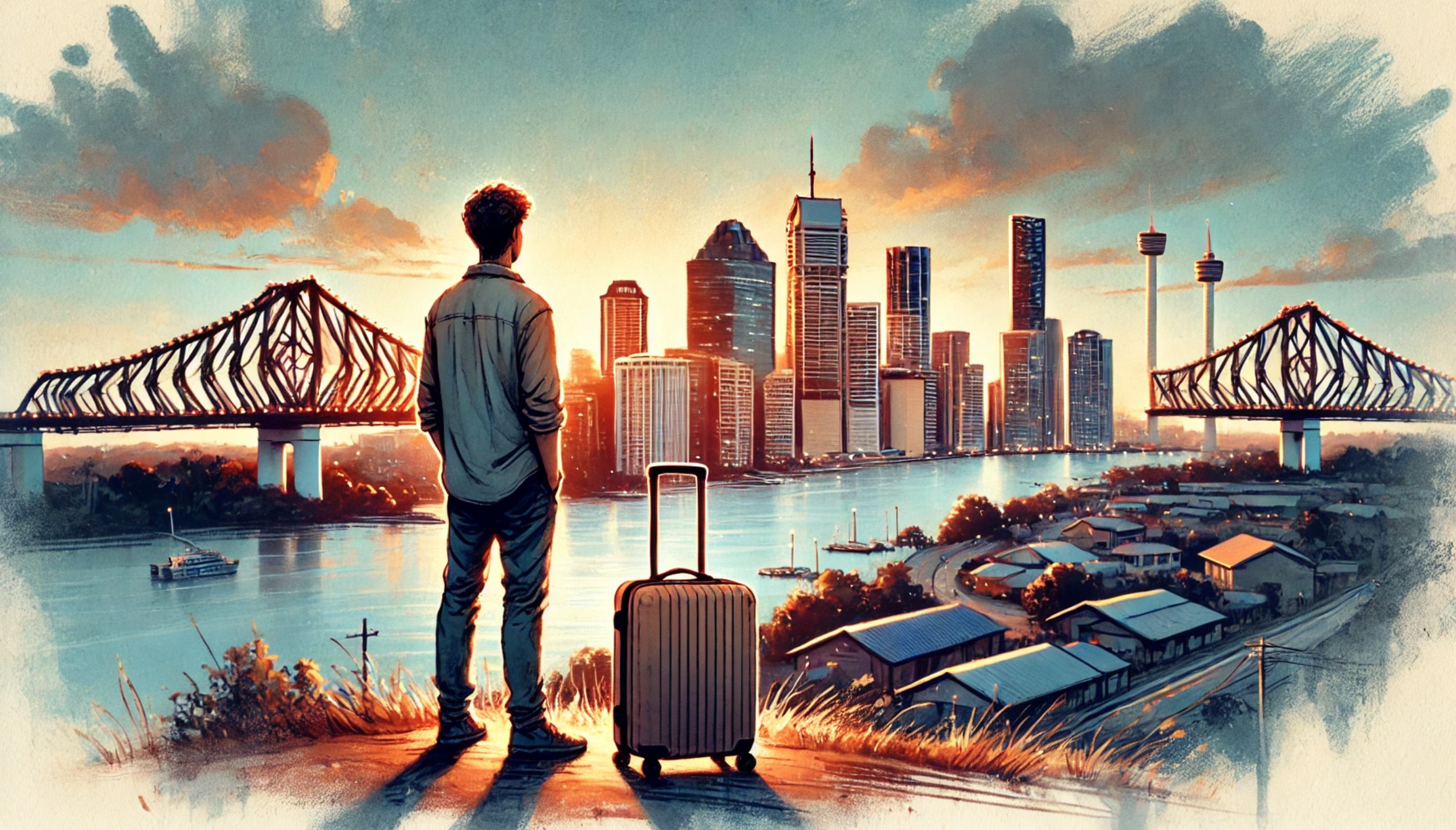 Person with suitcase overlooking Brisbane skyline at sunset, symbolizing a thoughtful decision to move, with Story Bridge and modern cityscape in warm evening light, representing lifestyle change and new beginnings.
