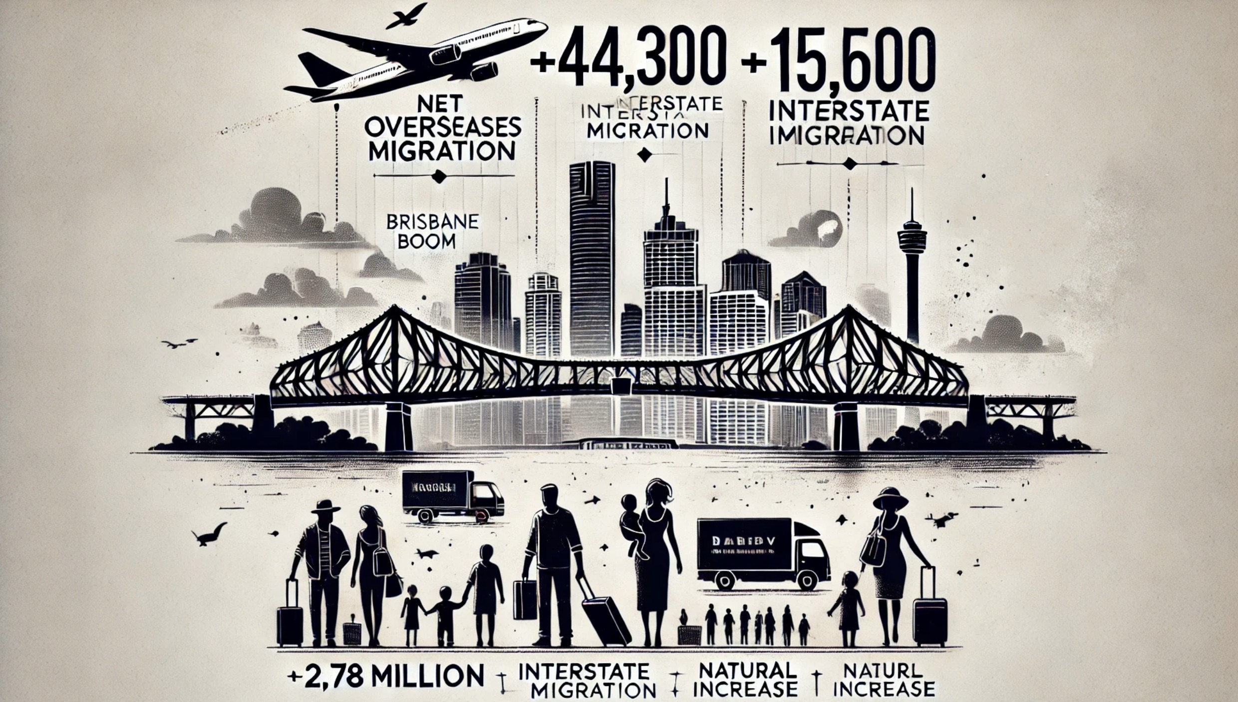 Brisbane's 2023–24 population growth, including overseas migration (+44,300), interstate migration (+15,600), and natural increase (+13,100).
