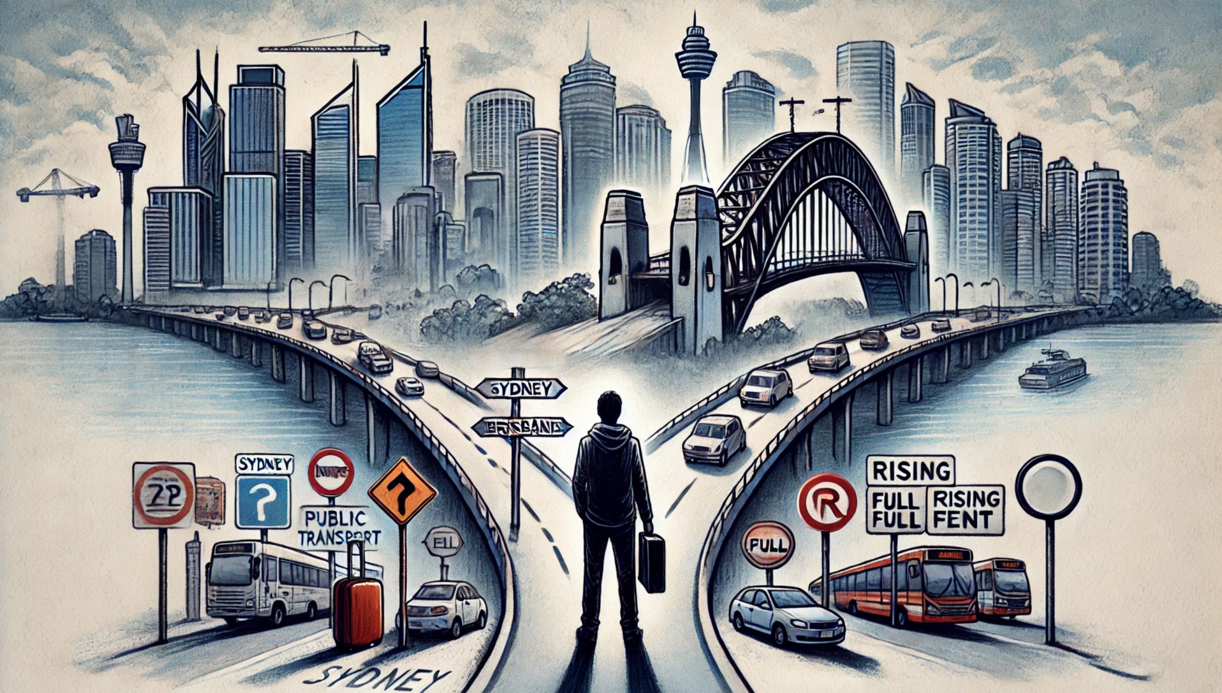 Illustration of person at a crossroads between Sydney and Brisbane, with visual symbols of Brisbane’s challenges like rising rents, traffic congestion, and job market uncertainty, representing risks of relocating.