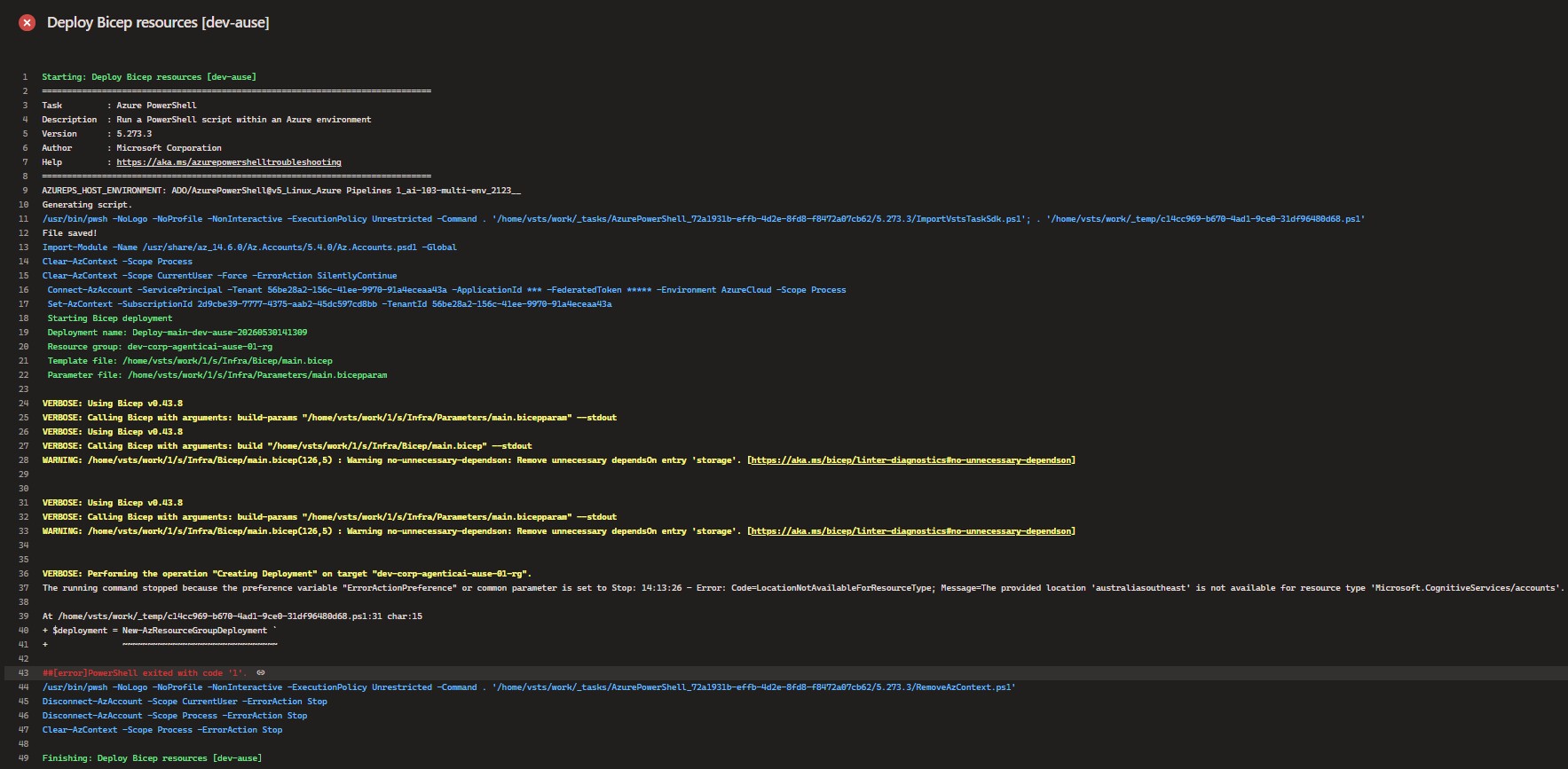 Failed Azure DevOps Bicep deployment showing Azure AI Services regional availability issue. Azure DevOps deployment log showing failed Deploy Bicep resources step for dev-ause due to LocationNotAvailableForResourceType for Microsoft.CognitiveServices accounts in australiasoutheast.