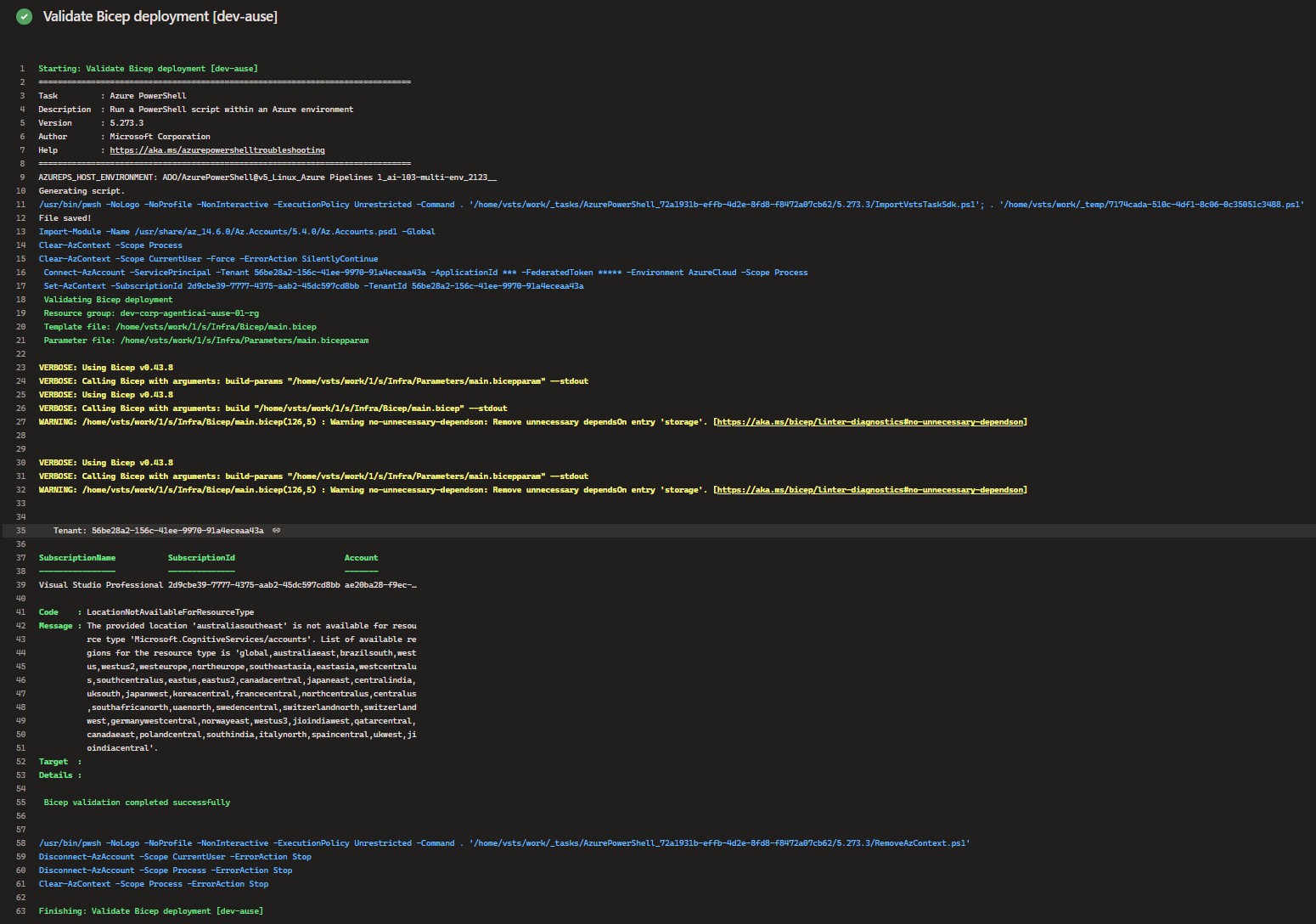 Bicep validation showing Azure AI Services regional availability issue before What-If and deployment. Azure DevOps validation log showing LocationNotAvailableForResourceType error for Microsoft.CognitiveServices accounts in australiasoutheast during Bicep validation.