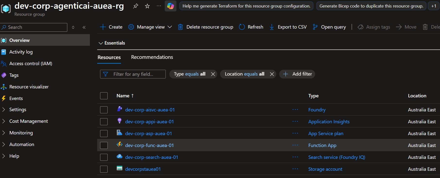 Successful dev deployment of Azure AI infrastructure POC resources across both configured regions. Azure portal screenshot showing successfully deployed Azure AI infrastructure resources for the dev environment across Australia East and Australia Southeast regions.