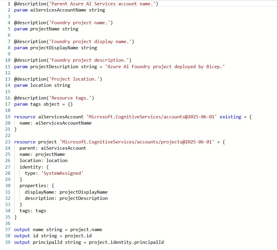 Bicep module for creating a Microsoft Foundry project. Code screenshot showing Bicep module for Microsoft Cognitive Services account project resource used to create a Microsoft Foundry project.