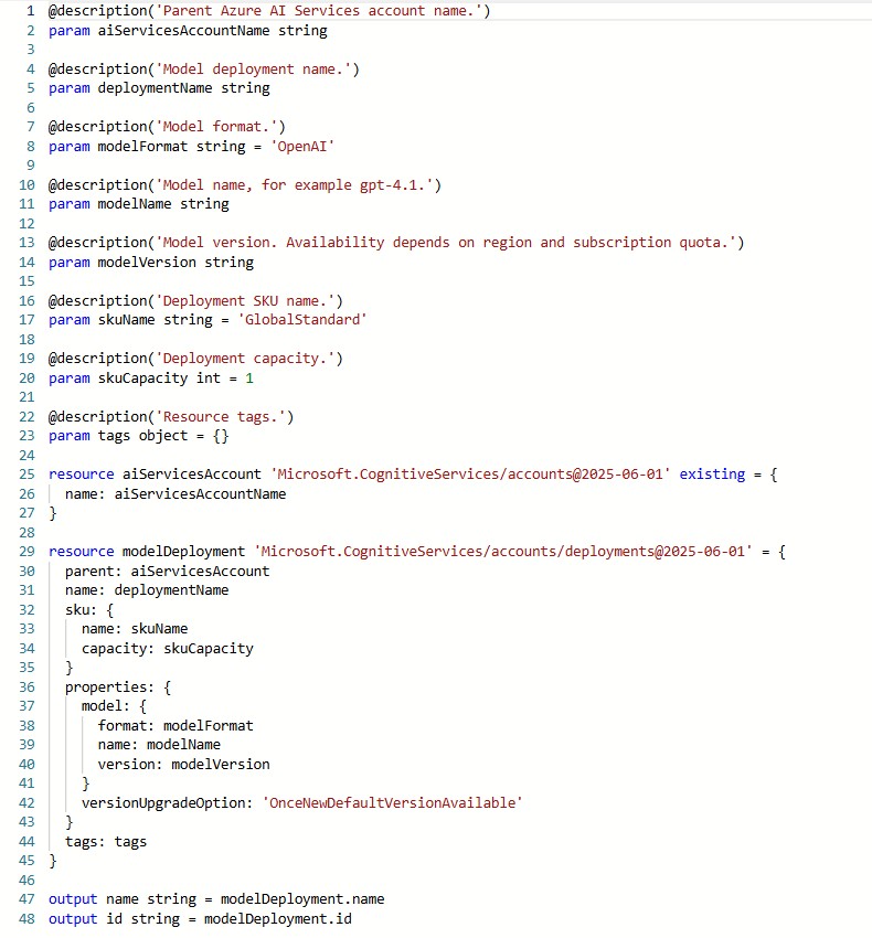 Bicep module for Azure AI model deployment. Code screenshot showing Bicep module for Azure AI model deployment under a Microsoft Cognitive Services account.