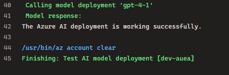 Azure DevOps pipeline smoke test for deployed Azure AI model. Azure DevOps pipeline log showing a successful smoke test call to a deployed Azure AI model.
