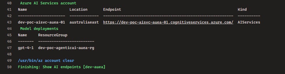 Pipeline step showing Azure AI Services endpoint and model deployment details. Azure DevOps pipeline log showing Azure CLI output for Azure AI Services account endpoint and model deployments.