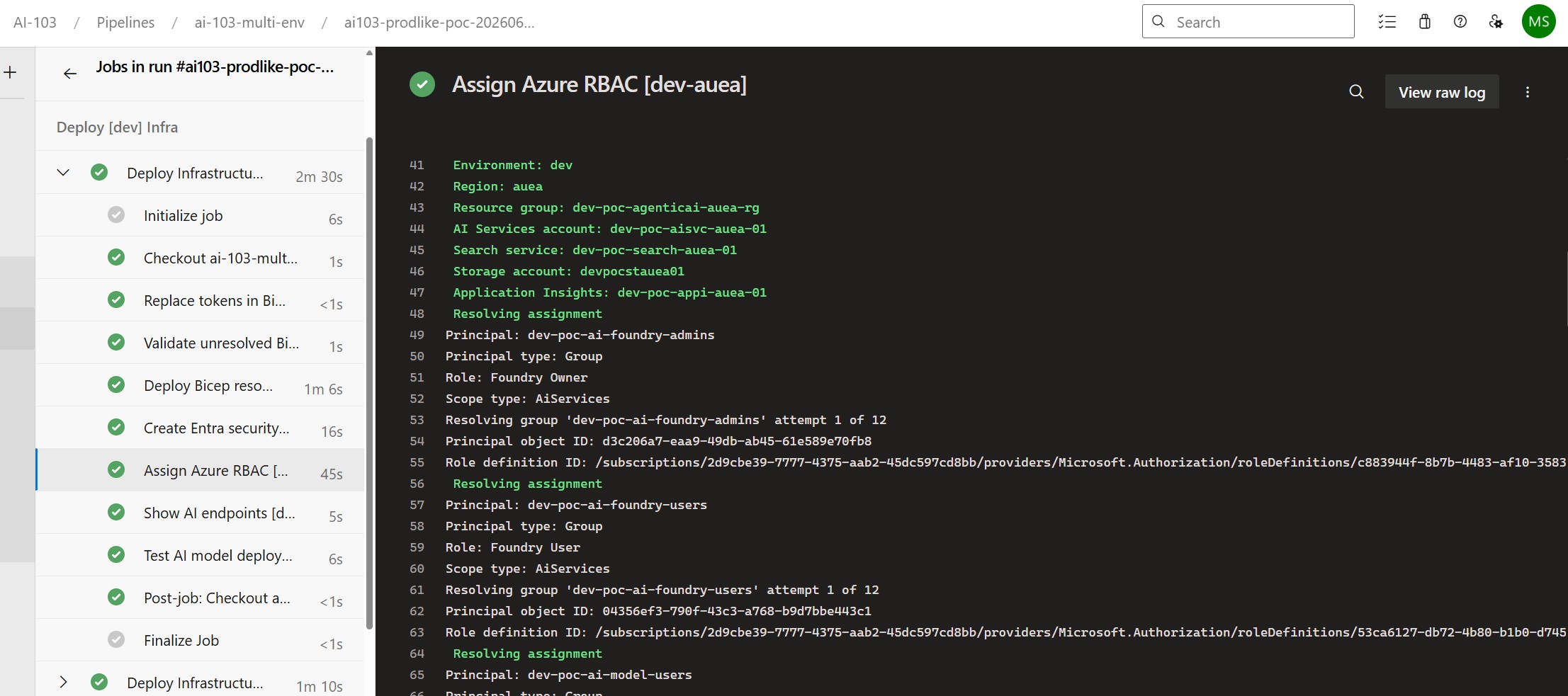 Azure DevOps pipeline log showing a successful Assign Azure RBAC step for the dev-auea environment.