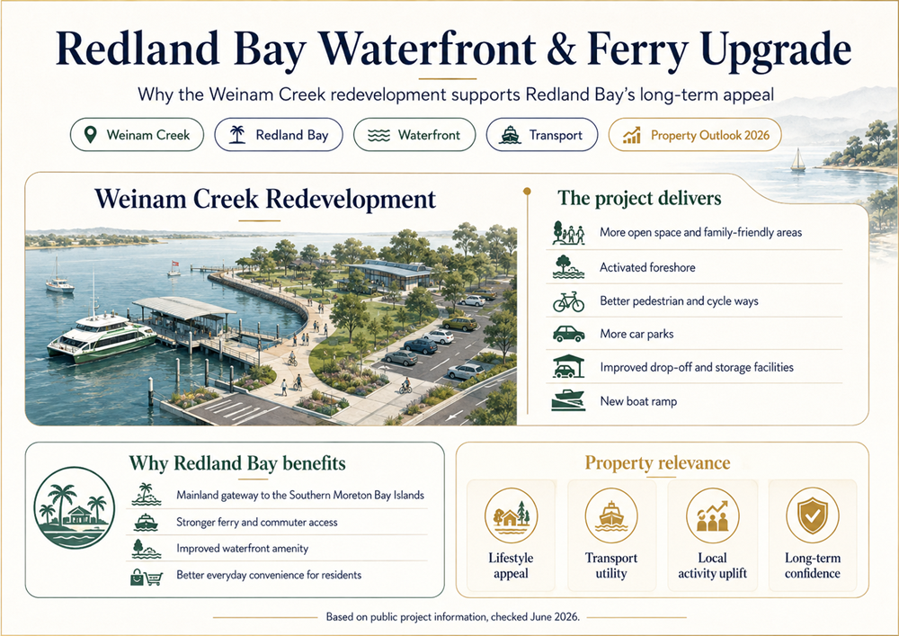 Weinam Creek redevelopment infographic showing Redland Bay waterfront and ferry upgrade benefits